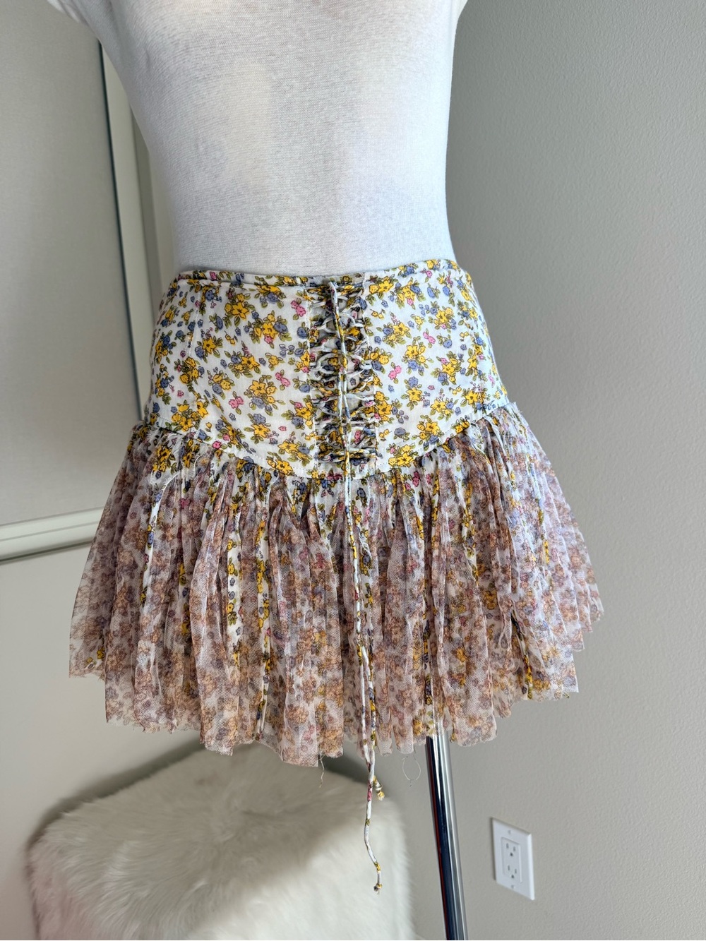 Free People Medium Floral Lace-Up Ruffled Mini Skirt - White/Yellow